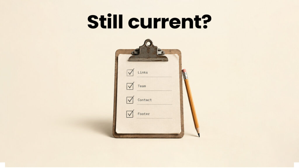 Clipboard med tjekliste over links, team, kontakt og footer under teksten “Still Current?”